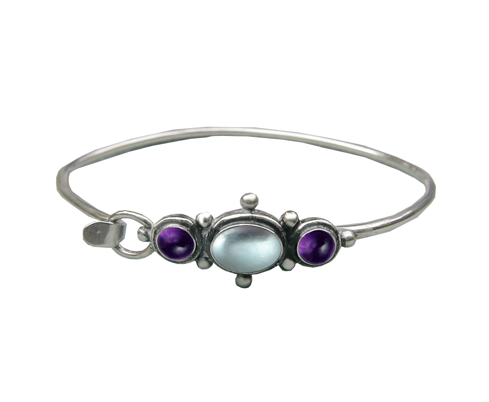 Sterling Silver Strap Latch Spring Hook Bangle Bracelet Blue Topaz And Amethyst